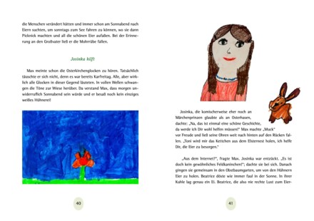 Doppelseite aus dem Buch: links das Kapitel „Josinka hilft“ und eine gemalte rote Mohnblume auf tiefblauem Grund; rechts Fließtext mit dem Porträt eines Mädchens mit braunen Zöpfen und einem kleinen braunen Hasen.