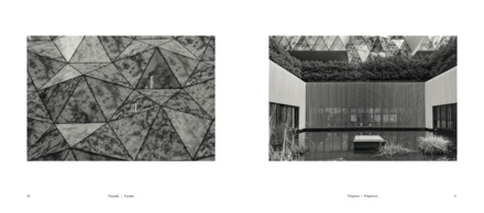 Doppelseite aus dem Buch: zwei Fotos — eine in Dreiecke gefaltete Steinfassade, daneben ein Innenhof mit Lamellenwand und begrüntem Dachrand. Bildunterschriften „Fassade“ und „Polyphon“.