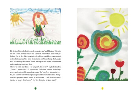 Doppelseite aus dem Buch: links eine Kinderzeichnung mit Sonne, Wiese und einem Mädchen im bunten Kleid, darunter Fließtext; rechts eine gemalte rot-gelbe Blüte unter einer großen gelben Sonne.